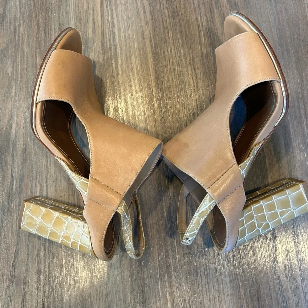 Womens Donald Pliner Katya Sand Leather Slingback Open Toe Block Heels Size 9M